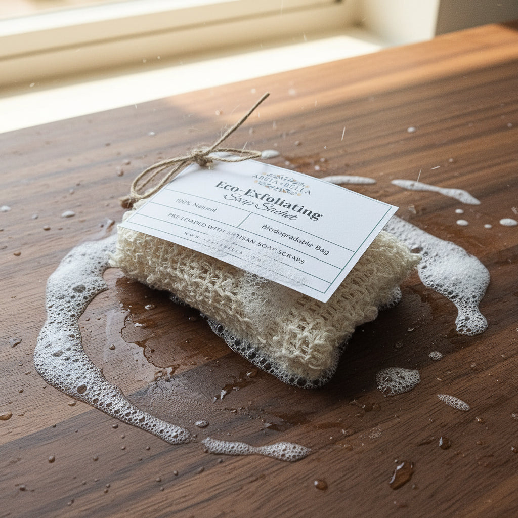A small beige textured fabric pouch tied with a twine bow and a white paper tag reading 'Eco-Exfoliating Clay Mask,' placed on a light wood surface.