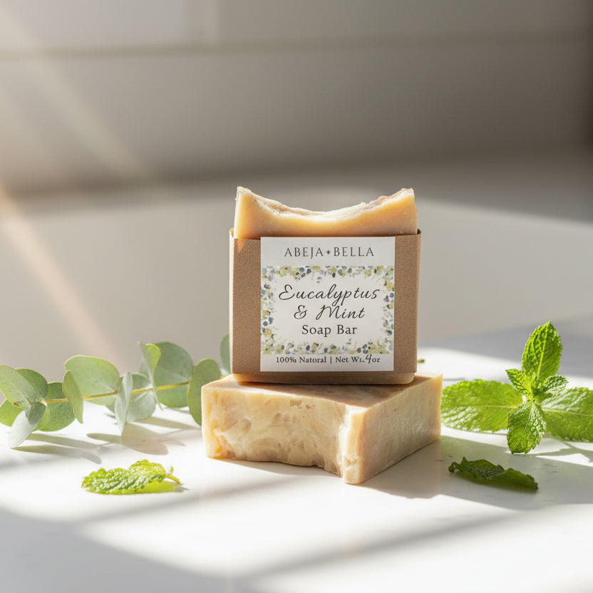 Bar of soap with a label on a wooden surface