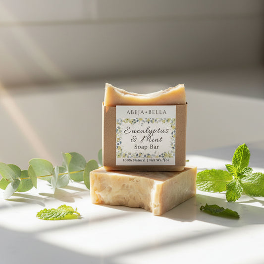 Bar of soap with a label on a wooden surface