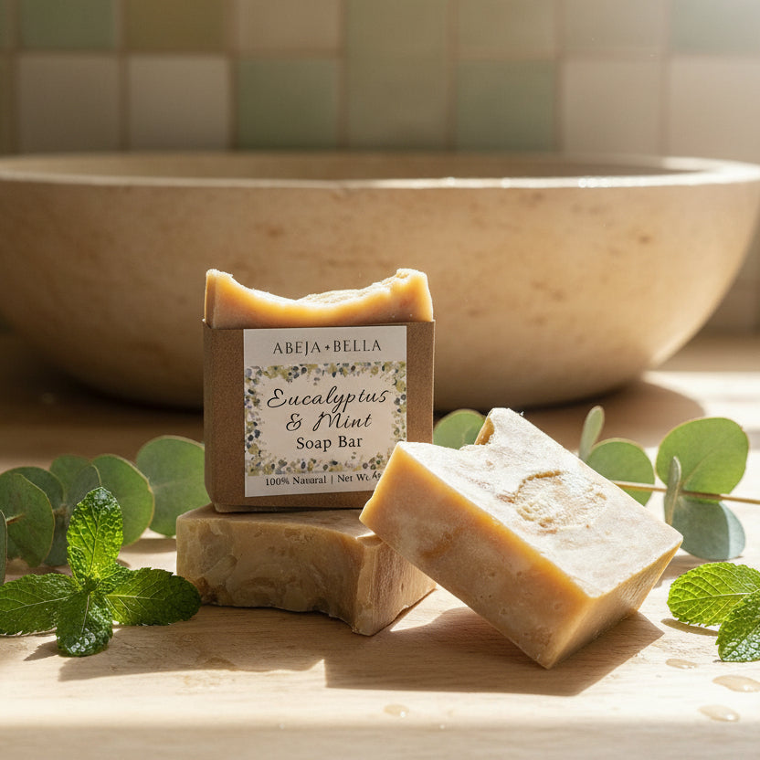 Two bars of soap on a wooden surface with a label underneath.