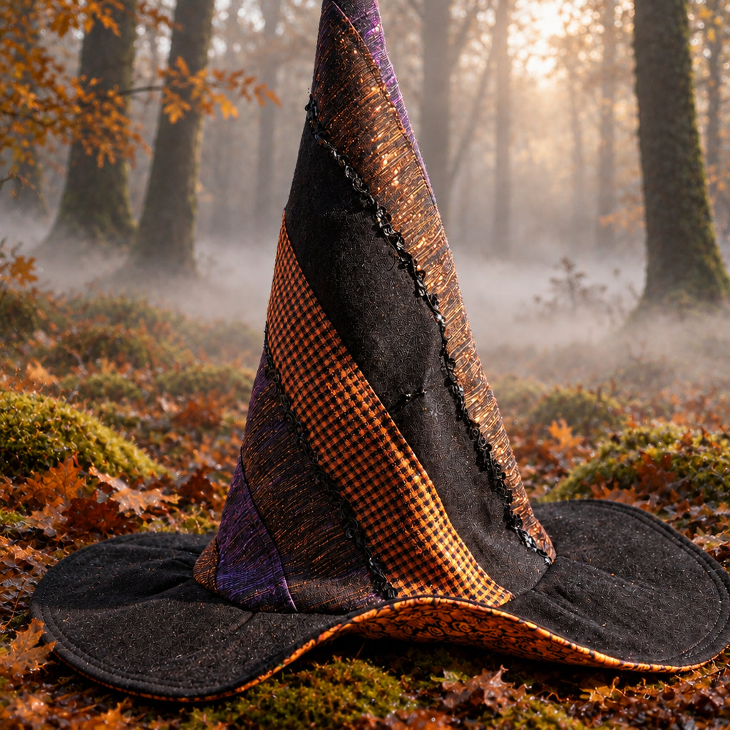A handmade witch hat made from black felt and orange-brown patterned fabric, resting on a wooden deck with a backyard garden in the background.