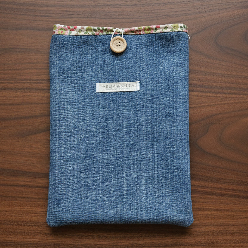 Denim iPad sleeve on wooden table