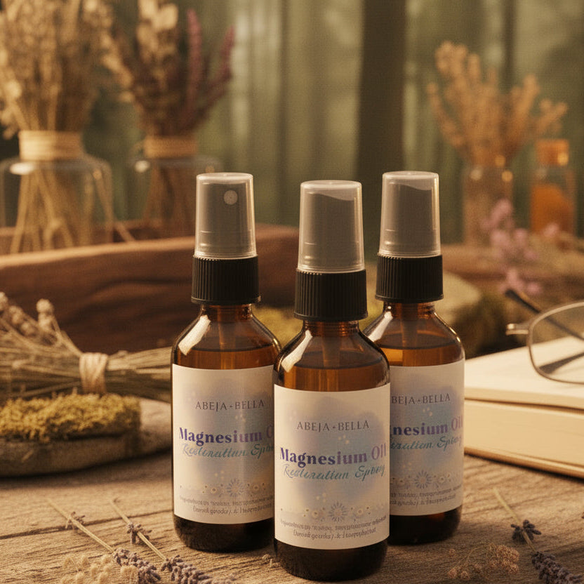 Magnesium Oil Rejuvenation Spray bottles on bedside table