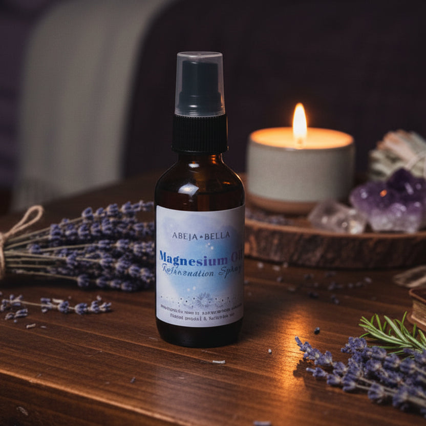 Bottle of magnesium oil spray in moody bedroom