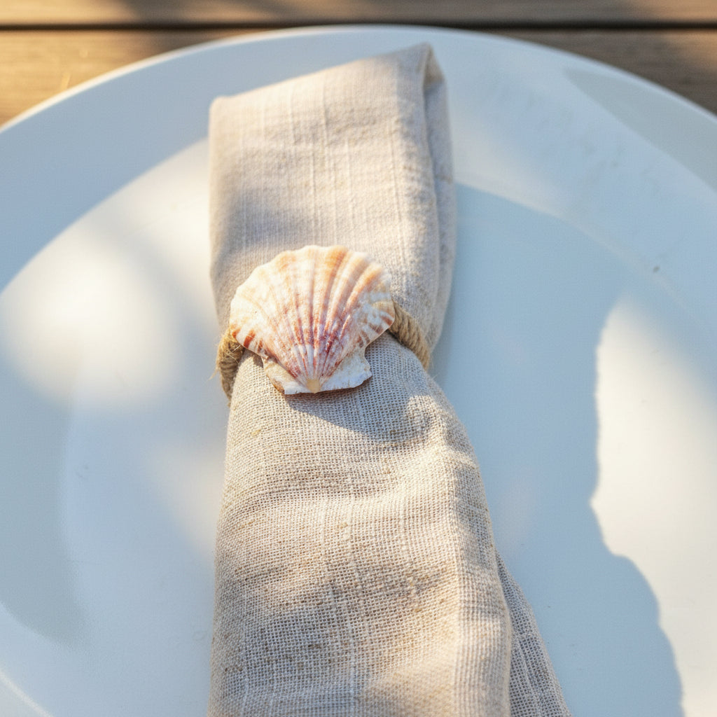 Napkin ring with a shell on a folded napkin over a white plate
