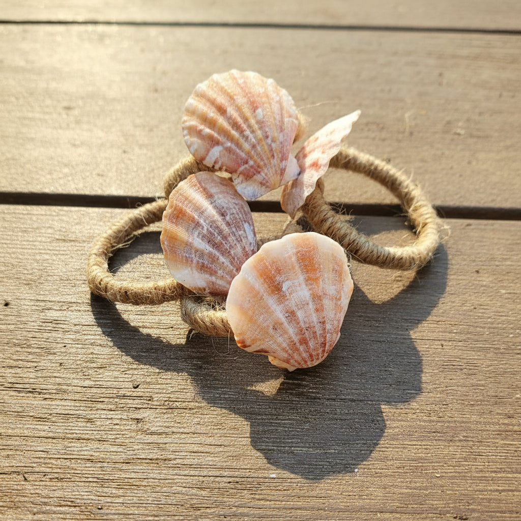 Shell napkin rings on wooden table