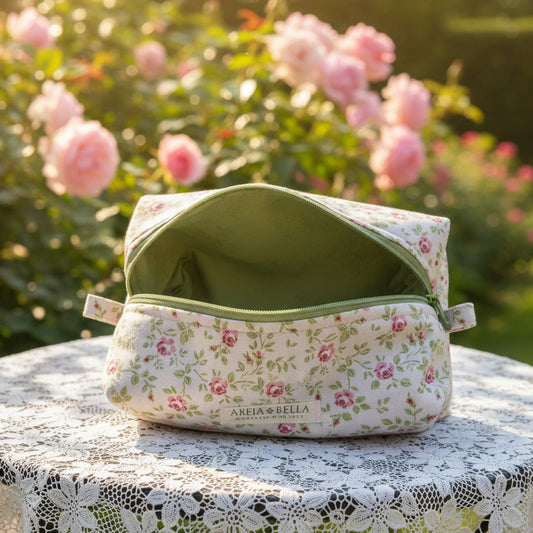 Floral-patterned fabric pouch with green interior on a wooden surface