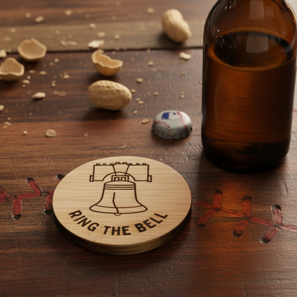 A round wooden magnet with a laser-engraved bell illustration and the words 'RING THE BELL' on a textured gray refrigerator surface.