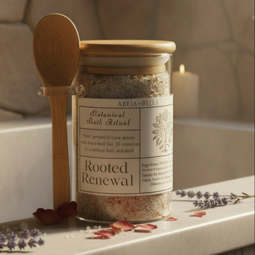 A glass jar of botanical bath salts with a bamboo lid, a wooden spoon resting on the side, and salt scattered on a light wood surface against a white wood plank background.