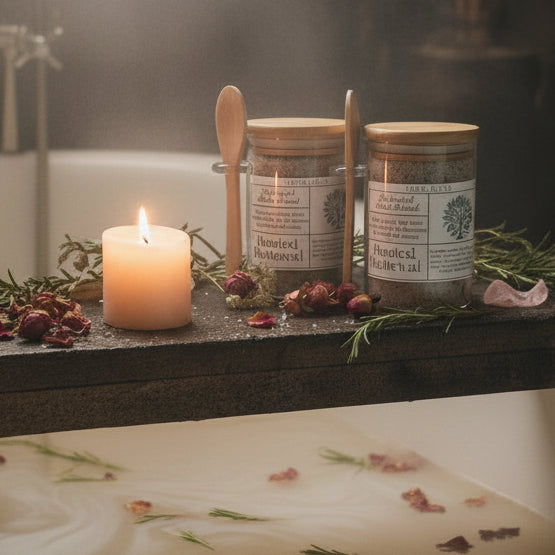 Three glass jars of Rooted Wellness bath salts with bamboo lids and wooden handles, arranged on a light wood surface with scattered salt crystals in front, against a white wood paneled background.
