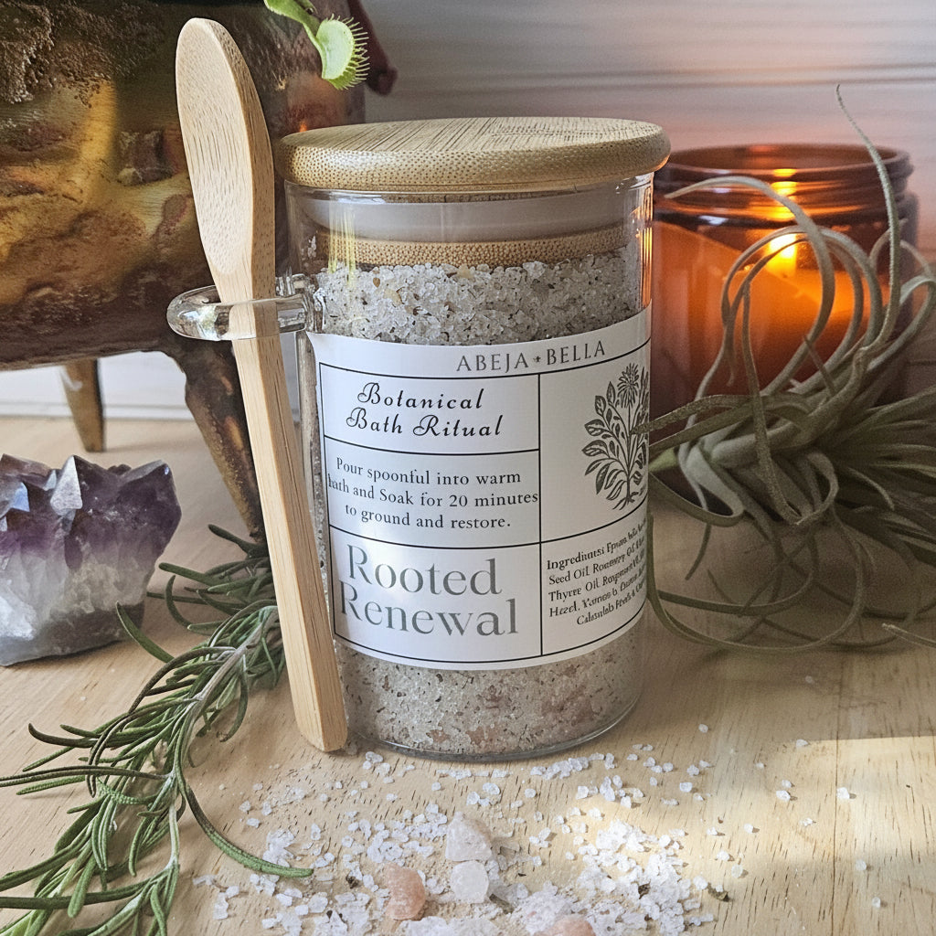 A jar of Athamascape Rooted Renewal botanical bath salts sits on a wooden surface surrounded by rosemary, scattered bath salts, a wooden spoon, a lit candle, and plants against a white wood paneled background.