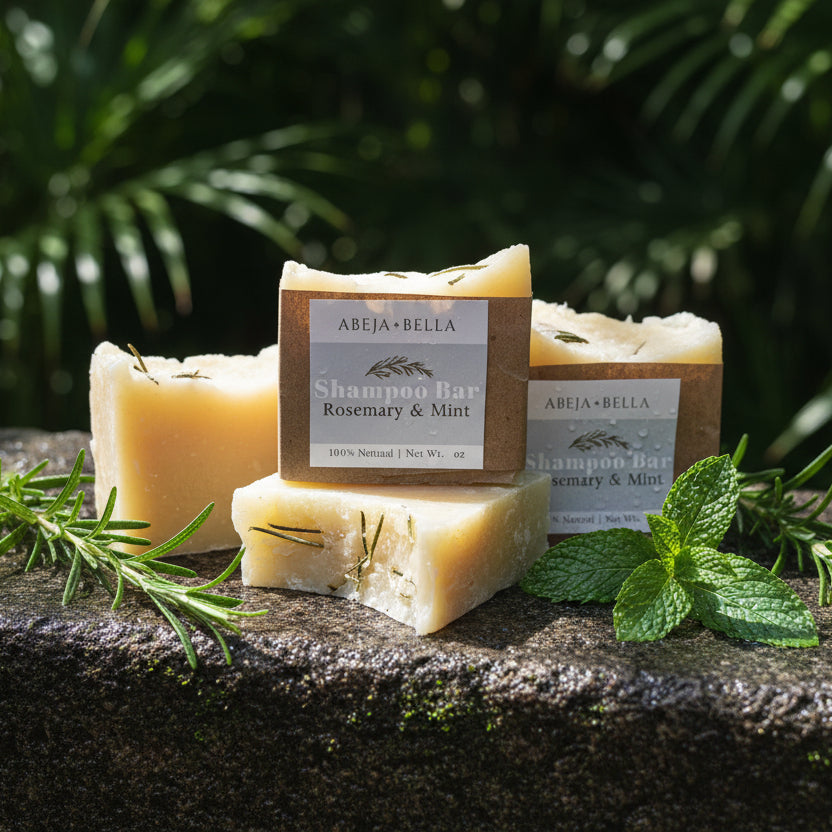 Two bars of solid shampoo with labels on a marble surface