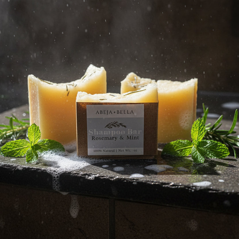 Three shampoo bars on a gray surface with a visible brand label.