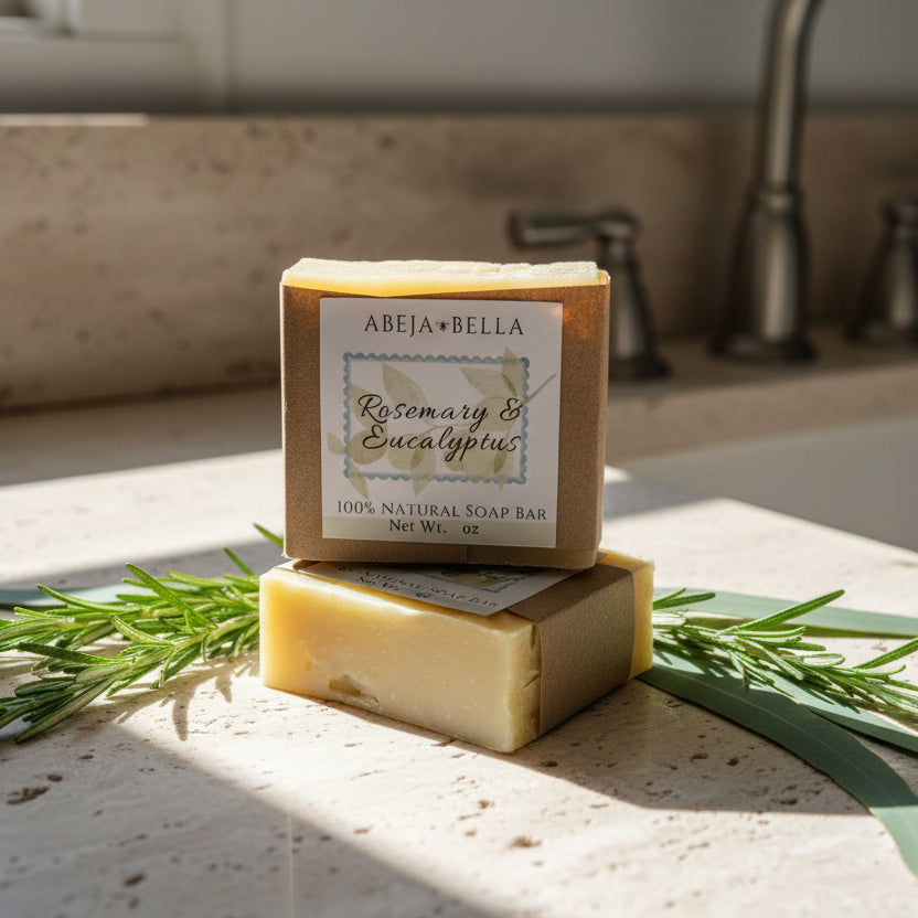 Two bars of soap with labels on a wooden surface