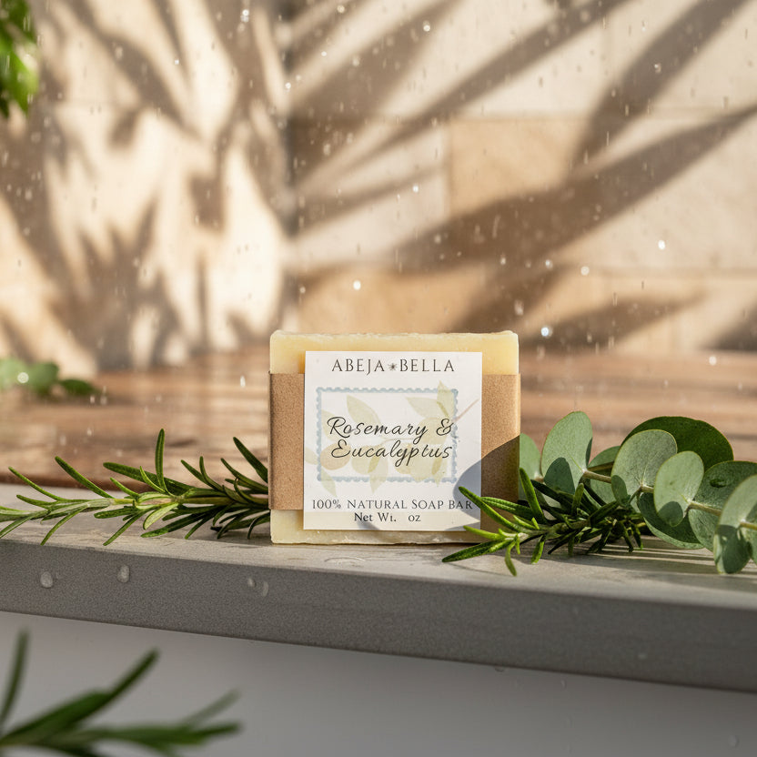 Bar of soap with a label on a wooden surface