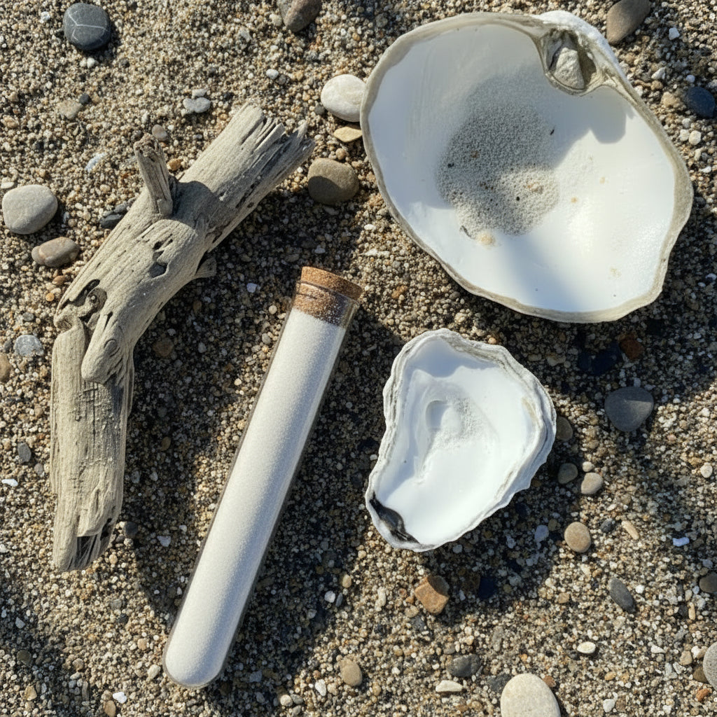 Driftwood, shell, and bath salt on a sandy surface