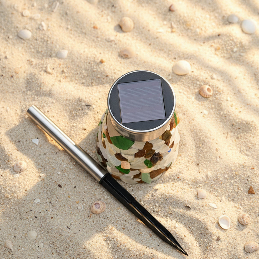 A solar-powered garden light with a sea glass body, a silver metal stake, and a black pointed tip, shown on a wooden deck next to a silver pen.