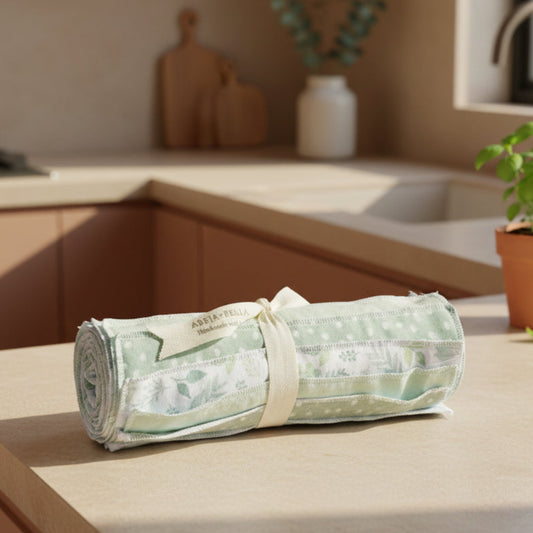 rolled-up reusable towels in a sage green color on kitchen counter