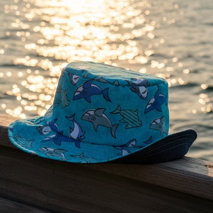 A blue bucket hat with a shark print sits on side of a boat.