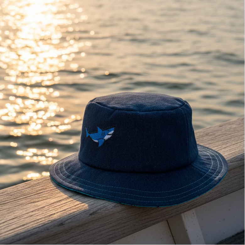 A blue wide-brim sun hat with a shark embroidery, resting on a side of the boat