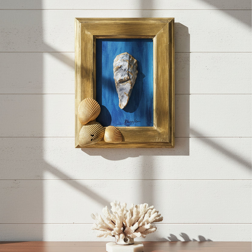 Framed wall art featuring a natural shell mounted on a textured blue background, set in a distressed gold frame with three decorative gold seashells in the lower left corner, displayed on a light wood surface.