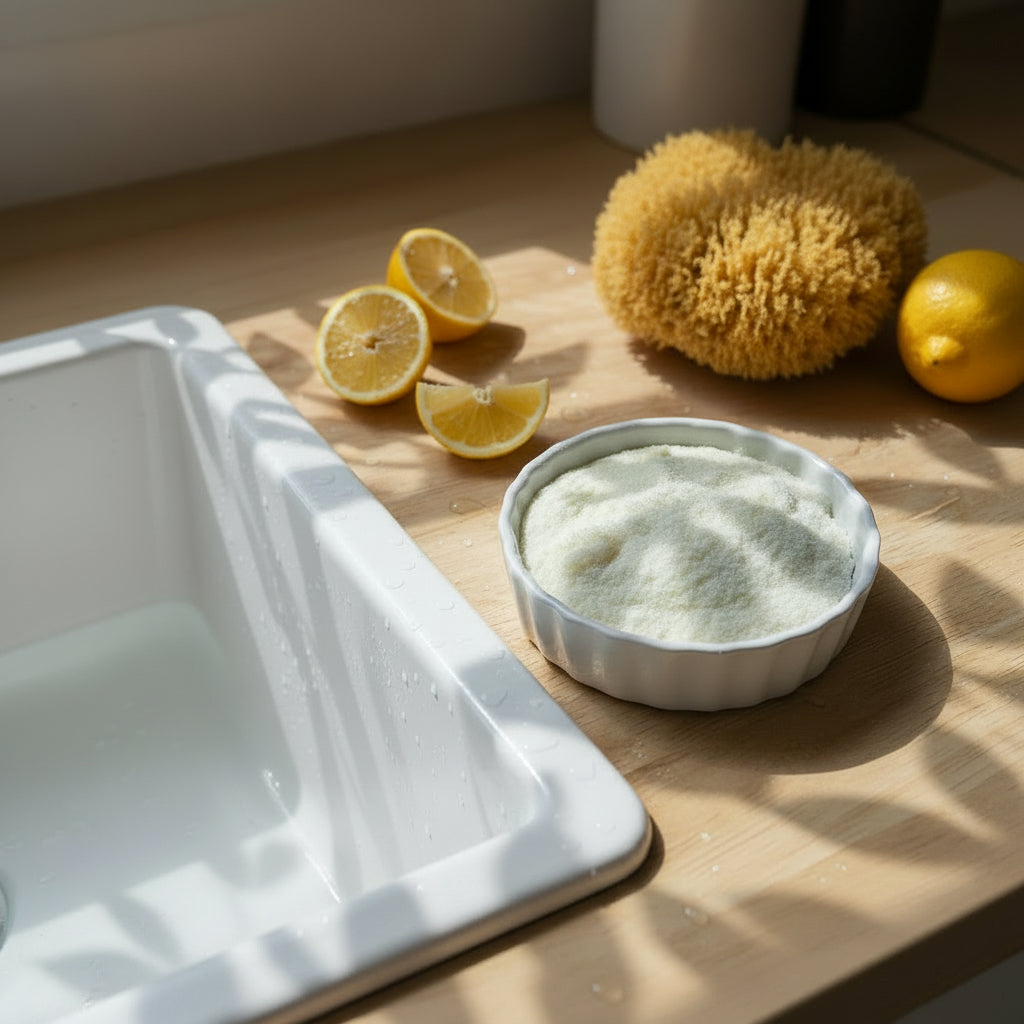 White ramekin filled with solid dish soap