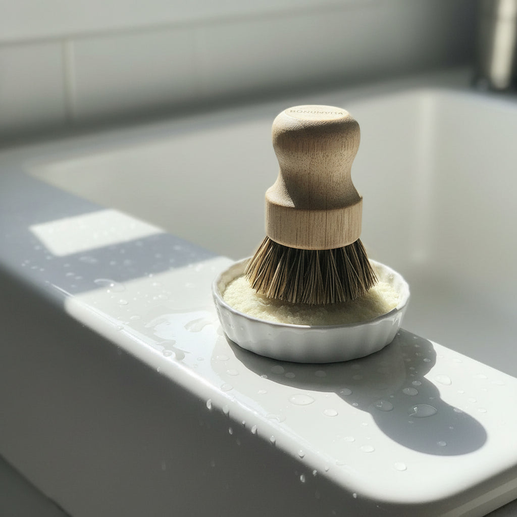 Solid dish soap in ramekin dish on sink with cleaning brush