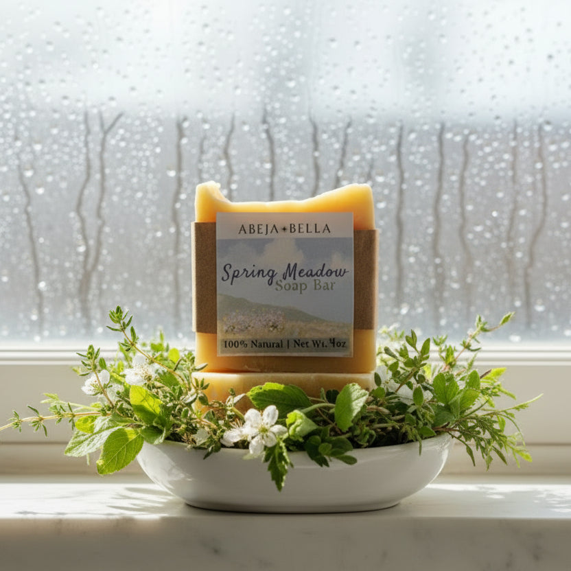 bar of soap on a window sill in shower with greenery
