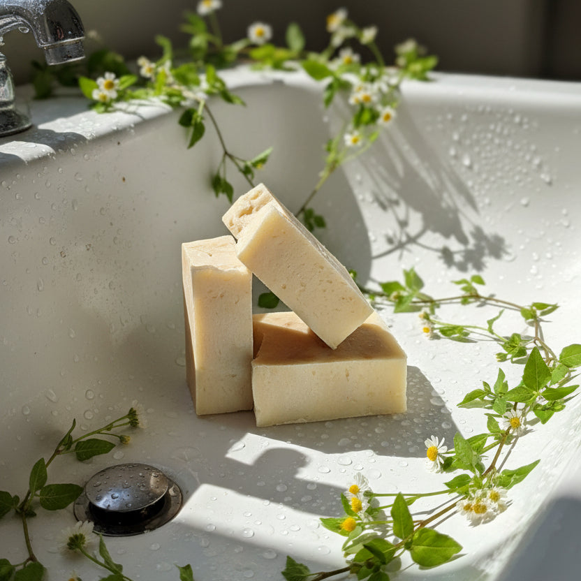 Three bars of soap in wet, spring sink