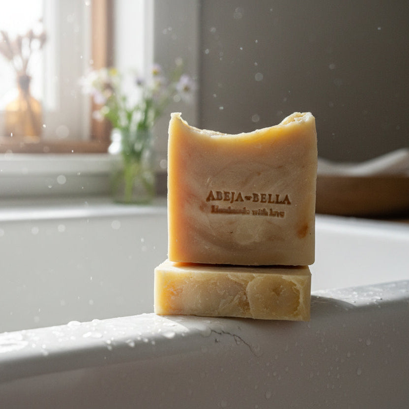 Two bars of soap on a bathtub ledge with a blurred background