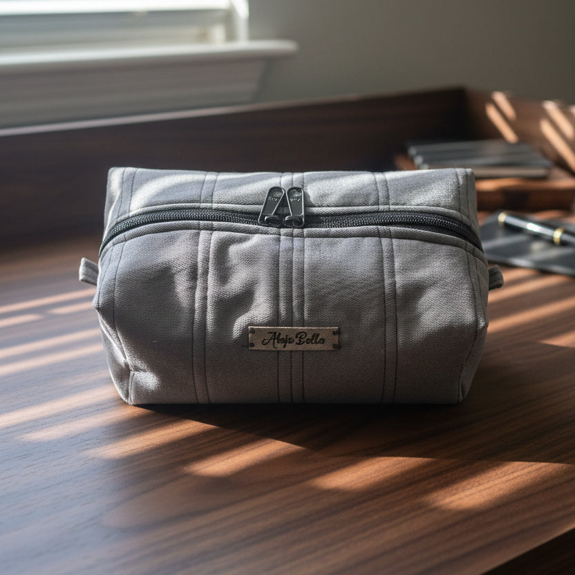 Gray toiletry bag on a wooden surface with books in the background
