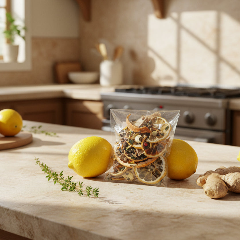 Dried herbs and lemons on a wooden surface