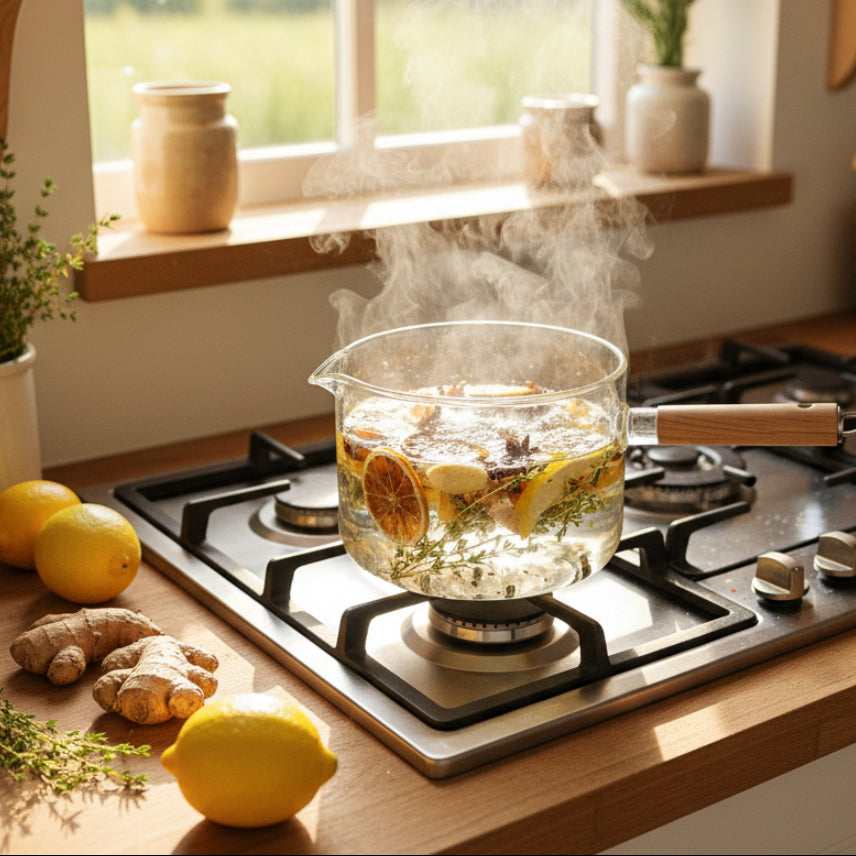 Dried citrus and herbs and ginger simmering mix on stove