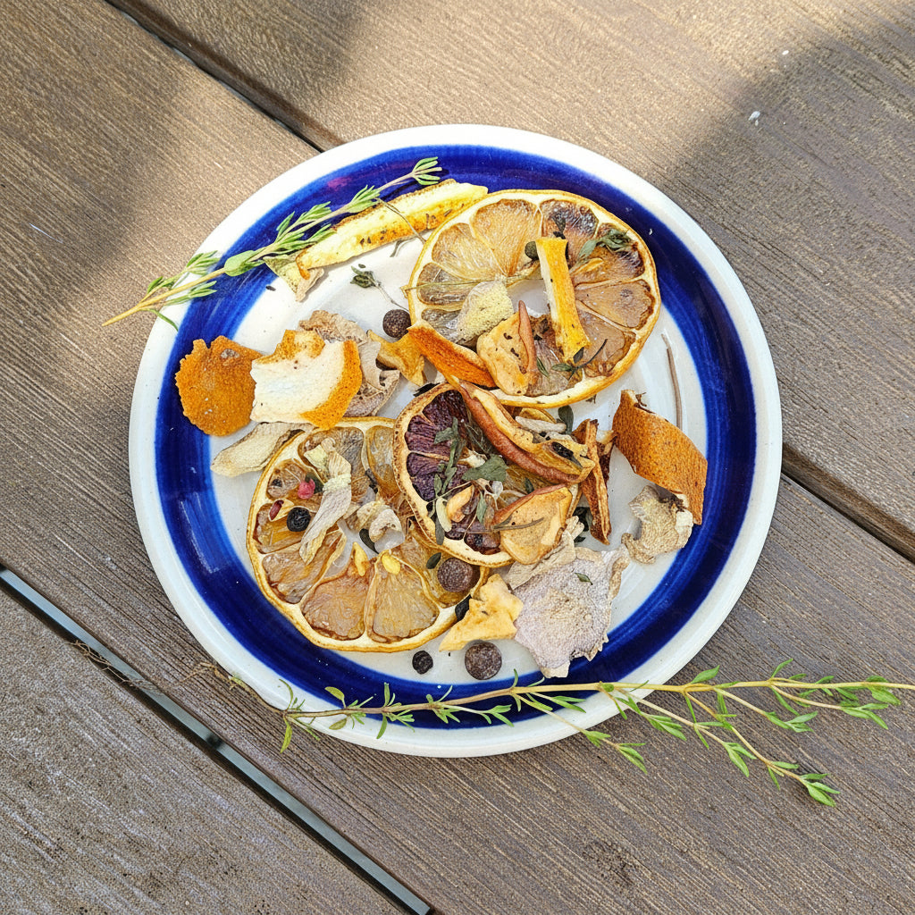 Dried herbs and spices on a blue and white plate on a wooden surface