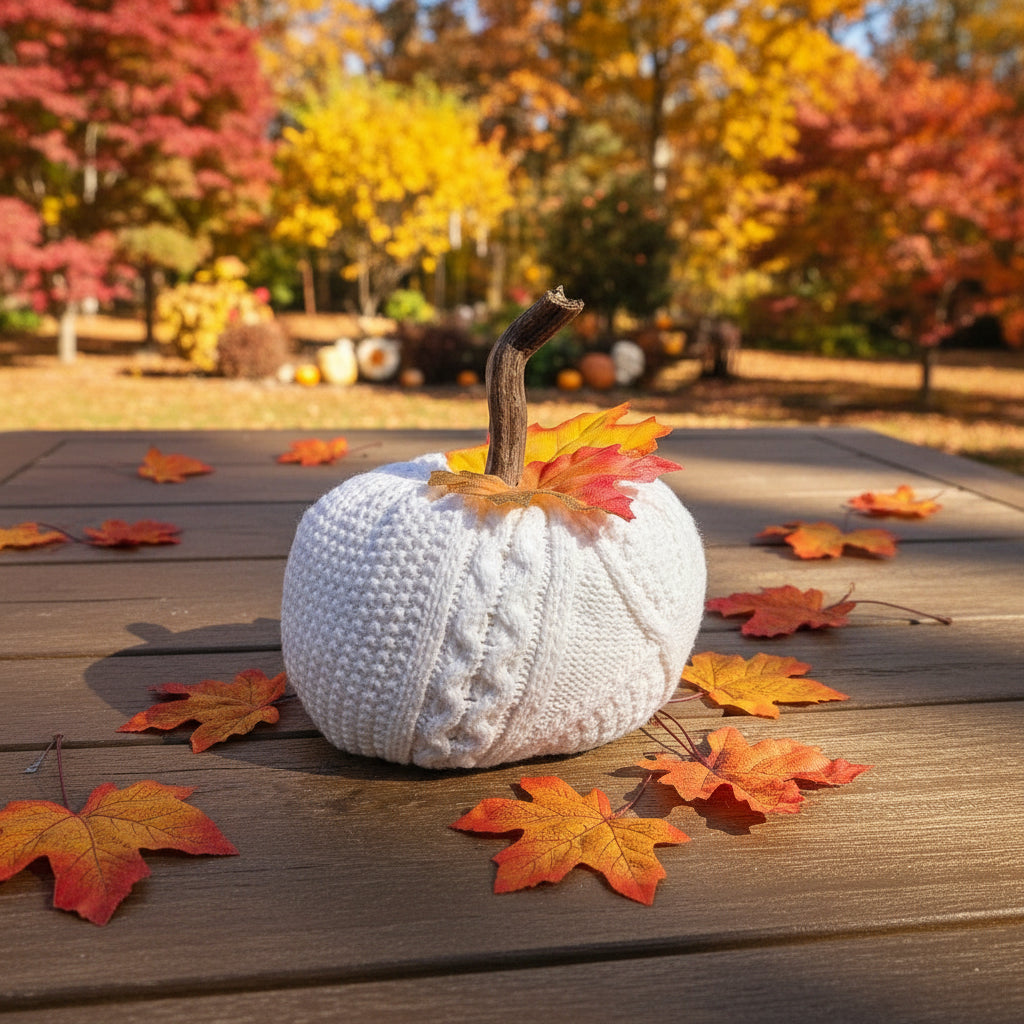 A white thrifted sweater decorative pumpkin with a natural stick stem and orange-red autumn leaves, placed on a wooden table outdoors with a blurred garden background.